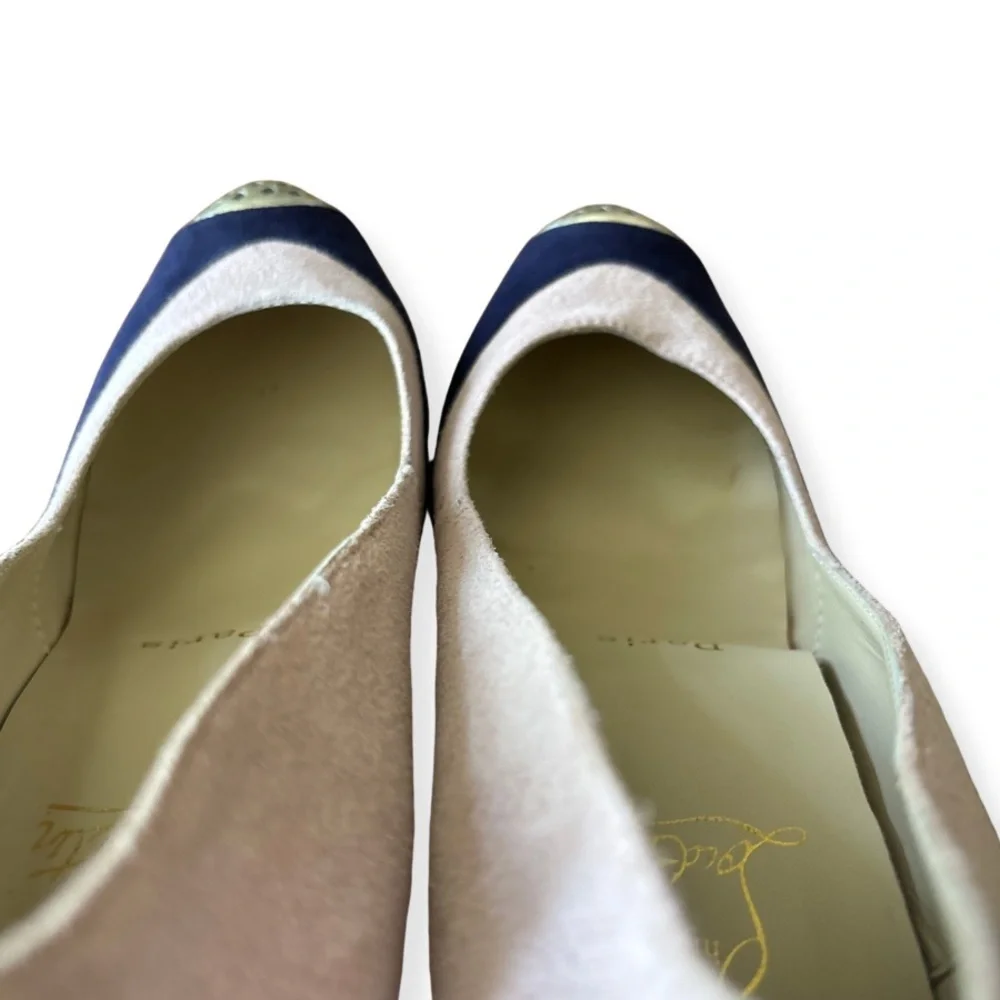 Christian Louboutin Navy and Blush Suede Pumps with Gold Cap-Toe